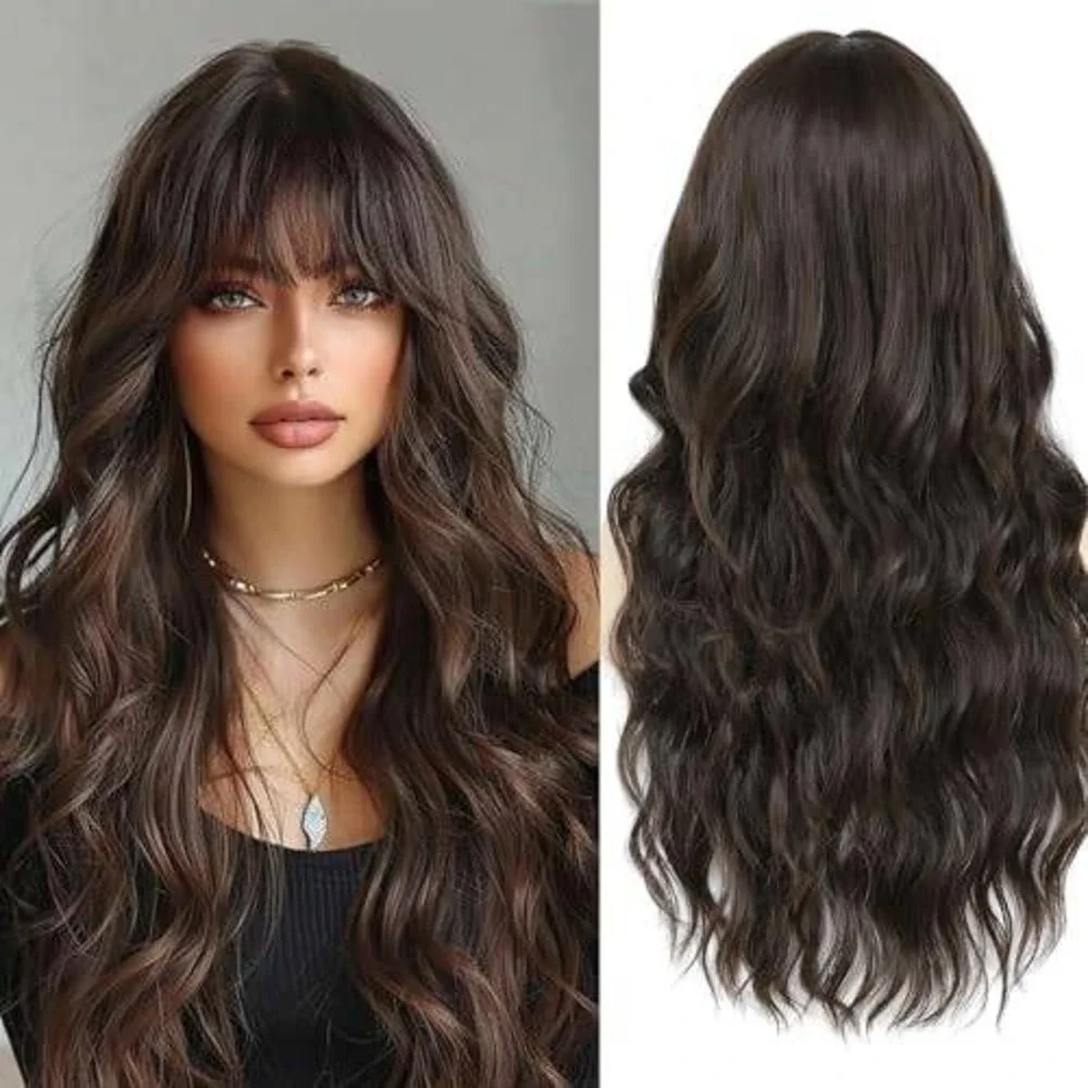 Long Wavy Dark Brown Synthetic Wig with Bangs‎ Brunette Heat Resistant Hair